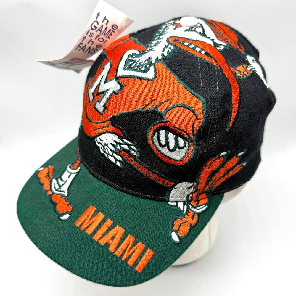 Vintage 90s University of Miami Hurricanes Snapback Hat AOP Big Logo The Game
